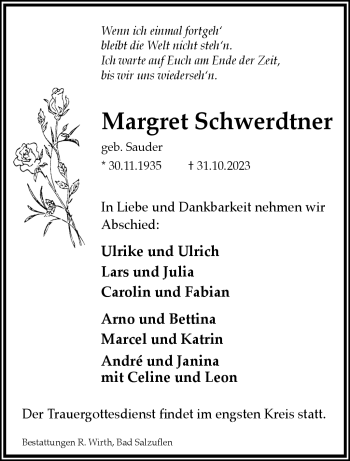 Traueranzeige von Margret Schwerdtner von Westfalen Blatt