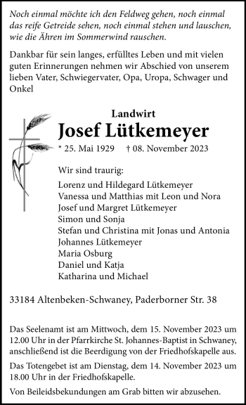 Traueranzeige von Josef Lütkemeyer von Westfalen Blatt