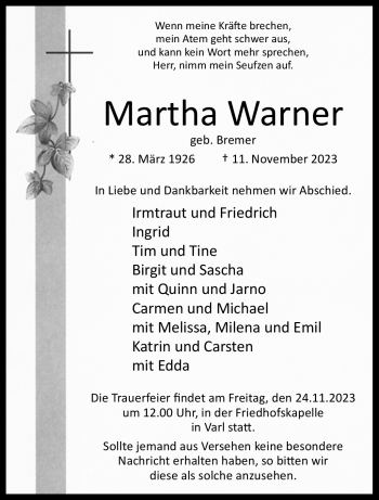 Traueranzeige von Martha Warner von Westfalen Blatt