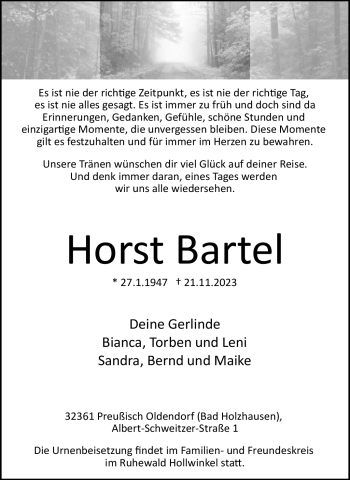 Traueranzeige von Horst Bartel von Westfalen Blatt