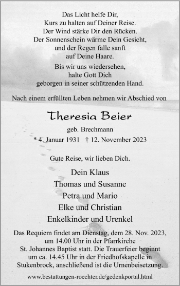 Traueranzeige von Theresia Beier von Westfalen Blatt