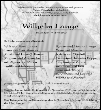 Traueranzeige von Wilhelm Lange von Westfalen Blatt