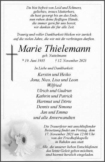 Traueranzeige von Marie Thielemann von Westfalen Blatt