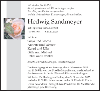 Traueranzeige von Hedwig Sandmeyer von Westfalen Blatt