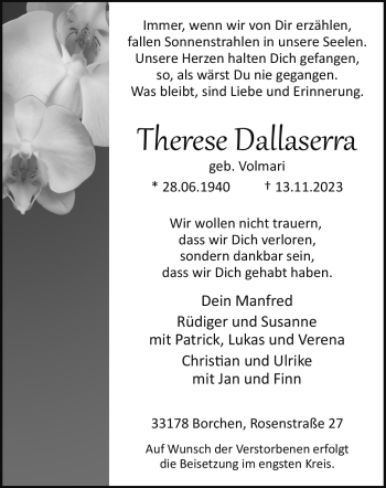 Traueranzeige von Therese Dallaserra von Westfalen Blatt