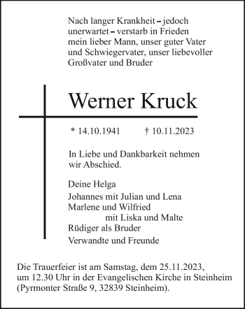 Traueranzeige von Werner Kruck von Westfalen Blatt