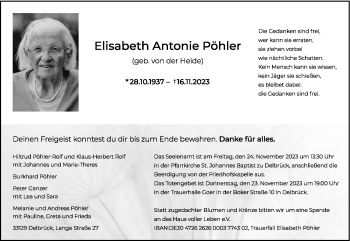 Traueranzeige von Elisabeth Antonie Pöhler von Westfalen Blatt