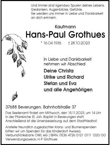 Traueranzeige von Hans-Paul Grothues von Westfalen Blatt