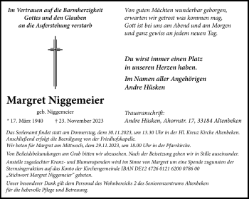 Traueranzeige von Margret Niggemeier von Westfalen Blatt