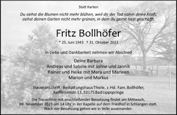 Traueranzeige von Fritz Bollhöfer von Westfalen Blatt