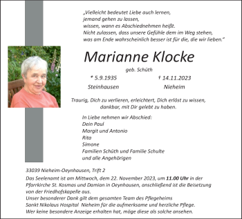 Traueranzeige von Marianne Klocke von Westfalen Blatt