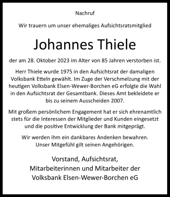 Traueranzeige von Johannes Thiele von Westfalen Blatt