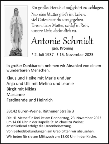 Traueranzeige von Antonie Schmidt von Westfalen Blatt