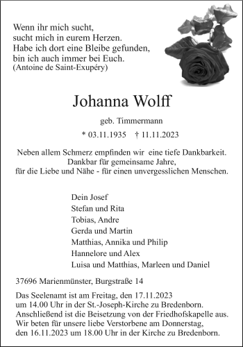 Traueranzeige von Johanna Wolff von Westfalen Blatt