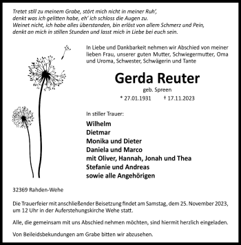 Traueranzeige von Gerda Reuter von Westfalen Blatt