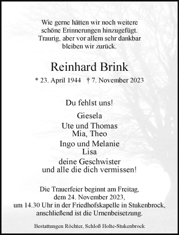 Traueranzeige von Reinhard Brink von Westfalen Blatt