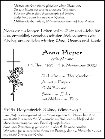 Traueranzeige von Anna Pieper von Westfalen Blatt