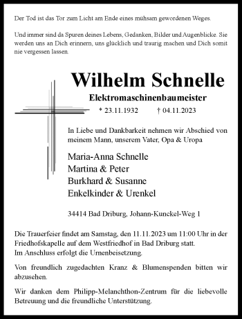 Traueranzeige von Wilhelm Schnelle von Westfalen Blatt