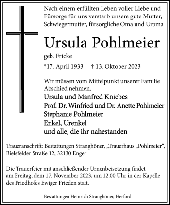 Traueranzeige von Ursula Pohlmeier von Westfalen Blatt