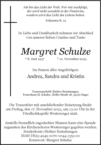 Traueranzeige von Margret Schulze von Westfalen Blatt