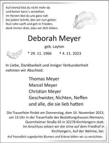 Traueranzeige von Deborah Meyer von Westfalen Blatt