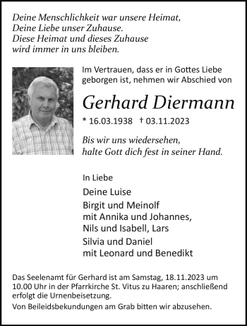 Traueranzeige von Gerhard Diermann von Westfalen Blatt