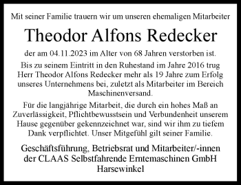 Traueranzeige von Theodor Alfons Redecker von Westfalen Blatt