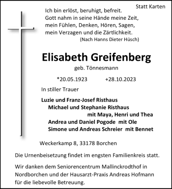 Traueranzeige von Elisabeth Greifenberg von Westfalen Blatt