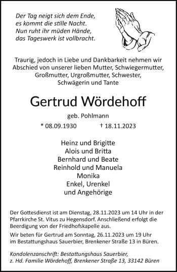 Traueranzeige von Gertrud Wördehoff von Westfalen Blatt