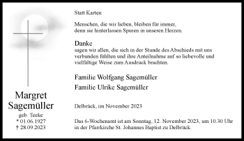 Traueranzeige von Margret Sagemüller von Westfalen Blatt