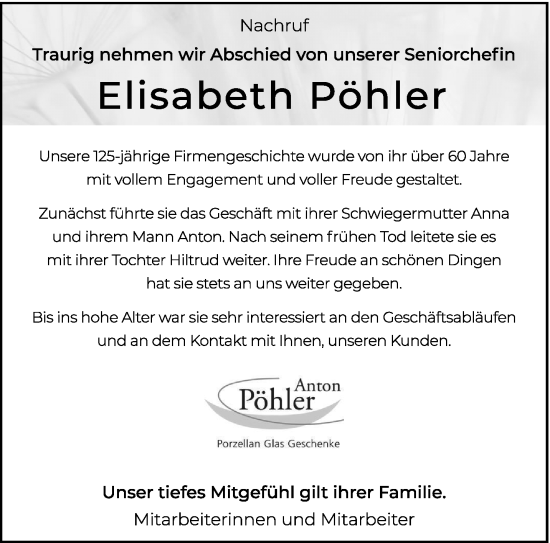 Traueranzeige von Elisabeth Antonie Pöhler 