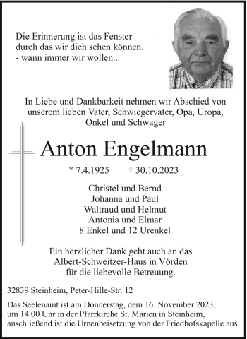 Traueranzeige von Anton Engelmann von Westfalen Blatt