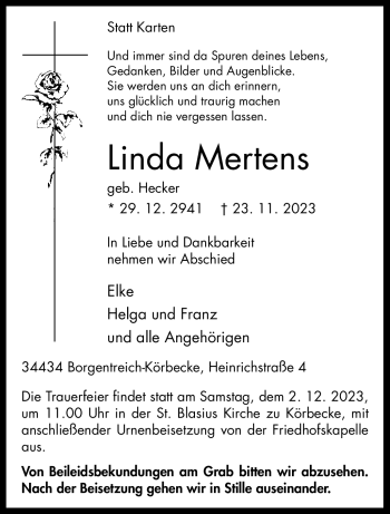 Traueranzeige von Linda Mertens von Westfalen Blatt