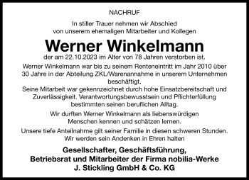 Traueranzeige von Werner Winkelmann von Westfalen Blatt