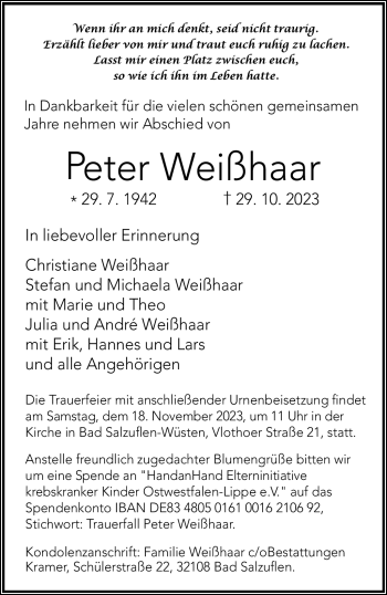 Traueranzeige von Peter Weißhaar von Westfalen Blatt