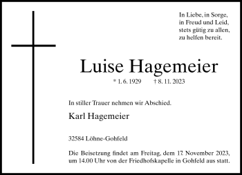 Traueranzeige von Luise Hagemeier von Westfalen Blatt