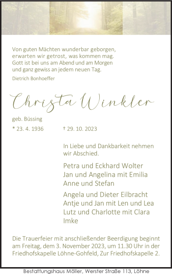 Traueranzeige von Christa Winkler von Westfalen Blatt