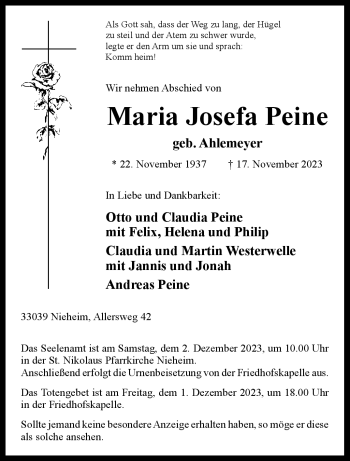 Traueranzeige von Maria Josefa Peine von Westfalen Blatt