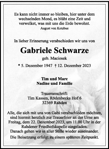 Traueranzeige von Gabriele Schwarze von Westfalen Blatt