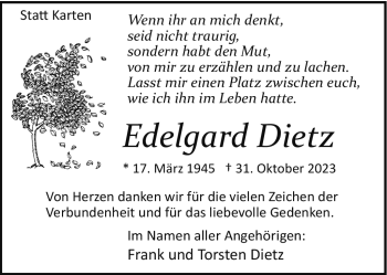 Traueranzeige von Edelgard Dietz von Westfalen Blatt