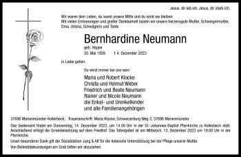 Traueranzeige von Bernhardine Neumann von Westfalen Blatt