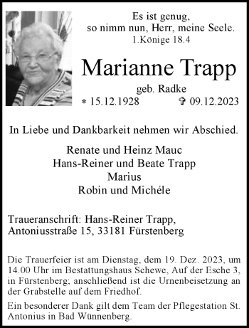 Traueranzeige von Marianne Trapp von Westfalen Blatt