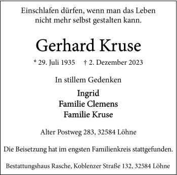 Traueranzeige von Gerhard Kruse von Westfalen Blatt