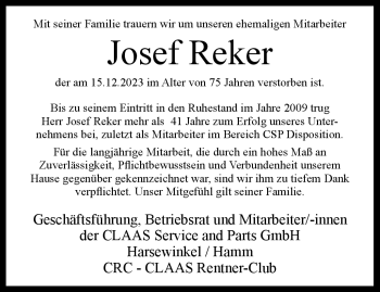 Traueranzeige von Josef Reker von Westfalen Blatt