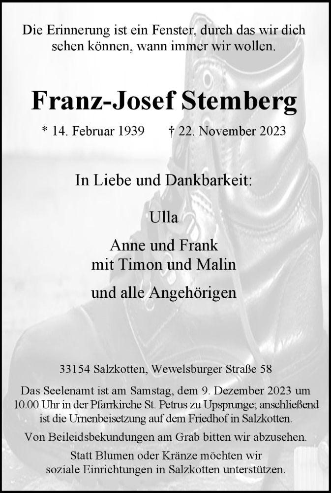  Traueranzeige für Franz-Josef Stemberg vom 02.12.2023 aus Westfalen Blatt