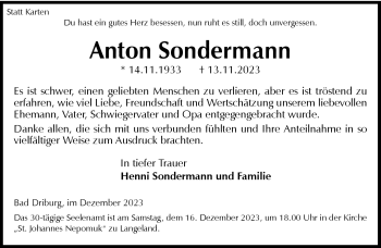 Traueranzeige von Anton Sondermann von Westfalen Blatt