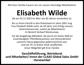 Traueranzeige von Elisabeth Wilde von Westfalen Blatt