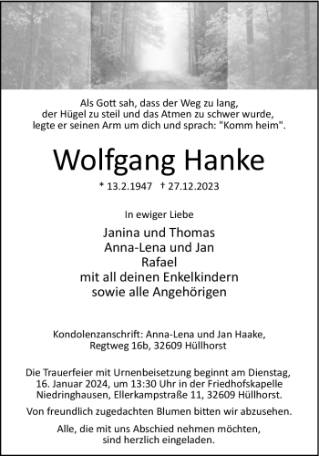 Traueranzeige von Wolfgang Hanke von Westfalen Blatt