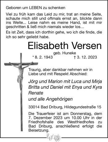 Traueranzeige von Elisabeth Versen von Westfalen Blatt