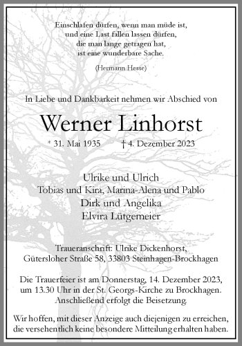 Traueranzeige von Werner Linhorst von Westfalen Blatt